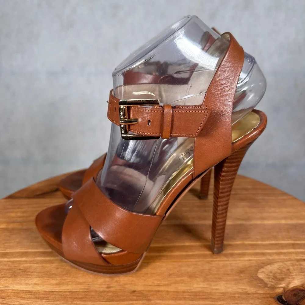 Michael Kors Platform Sandals Womens 8M Brown Good Leather Ankle Strap ST15A